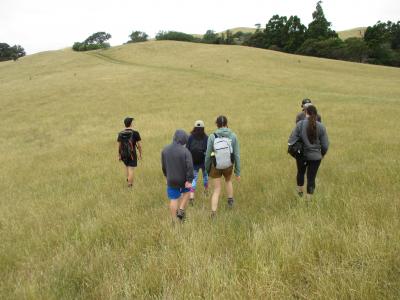 Group hiking through the feilds 